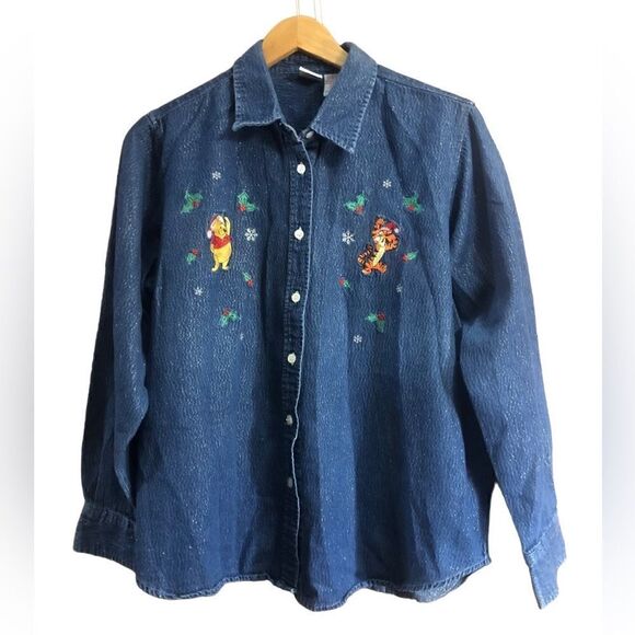 Disney Denim Metallic  Button Up Shirt With Tigger And Pooh 90’s Christmas XL - Picture 1 of 5